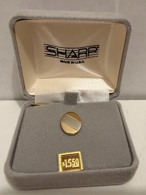 Vintage SHARP Made in USA Gold Two Tone Oval Tie Tack Pin w/ Original Box